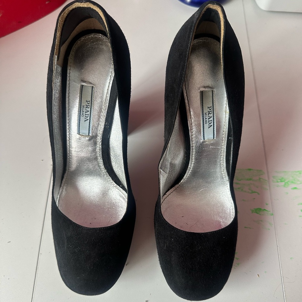 Prada Black Suede Block Heel Pumps